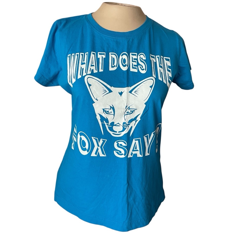 Women’s What Does the Fox Say graphic Baby Tee Tshirt vintage Blue size medium